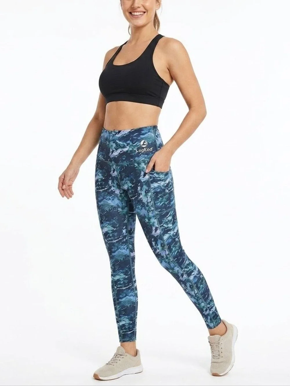 LegEnd Active Blue Green Marble Print High Waisted Pocket Leggings Small